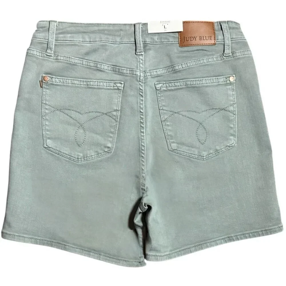 Judy Blue High Rise Stretch Denim Garment Dyed Shorts - Sage Green Large NWT